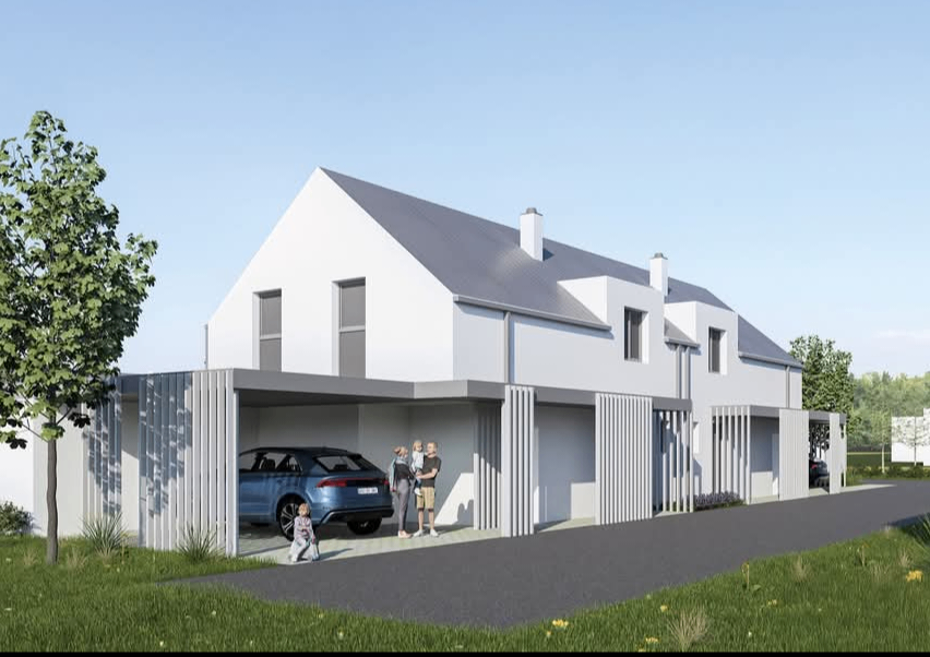Eine moderne architektonische Darstellung eines Hauses mit Garage. Die Familie steht vor dem Haus. Ein blaues Auto ist in der Garage geparkt.