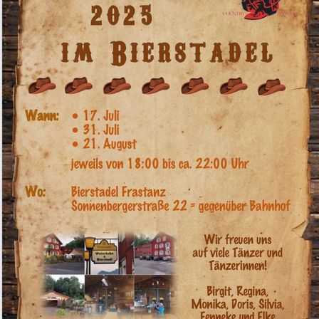 Plakat für Country-Tanzveranstaltungen in Bierstadtel, 17. Juli, 31. Juli und 21. August, von 18:00 bis ca. 22:00 Uhr. Ort: Bierstadtel, gegenüber dem Bahnhof. Wir freuen uns auf viele Tänzer und Tänzerinnen.