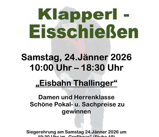 Plakat für eine Eislaufveranstaltung am 24. Januar 2026 von 10:00 bis 18:30 Uhr auf der Eisbahn Thallinger. Es zeigt eine Silhouette einer Person und enthält Details zur Veranstaltung und zu Preisen.