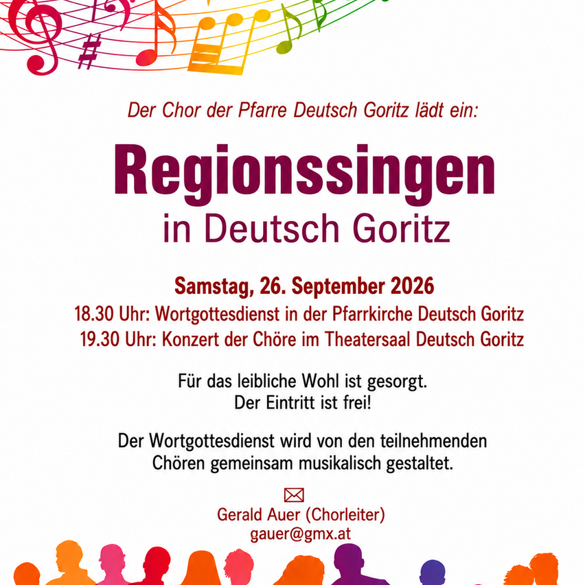 Poster for a choral event in Deutsch Goritz, featuring musical notes and silhouettes of singers. It announces a service at 18:30 and a concert at 19:30 on September 26, 2026. The entry is free.
