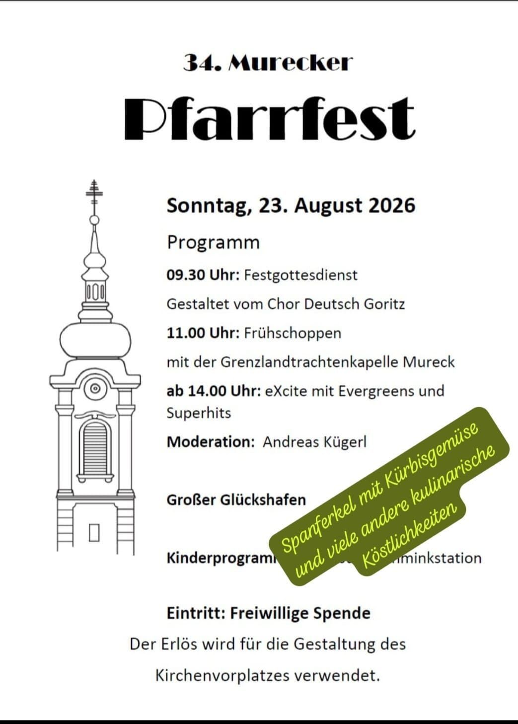 A poster for the Pfarrfest event on August 23, 2026, featuring a church tower, schedule, and activities like a festival service, breakfast, and performances.