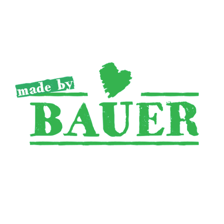 Das Bauer-Logo zeigt ein grünes Herzsymbol mit den Worten 'gemacht von Bauer' darüber, alles in Grün auf weißem Hintergrund.