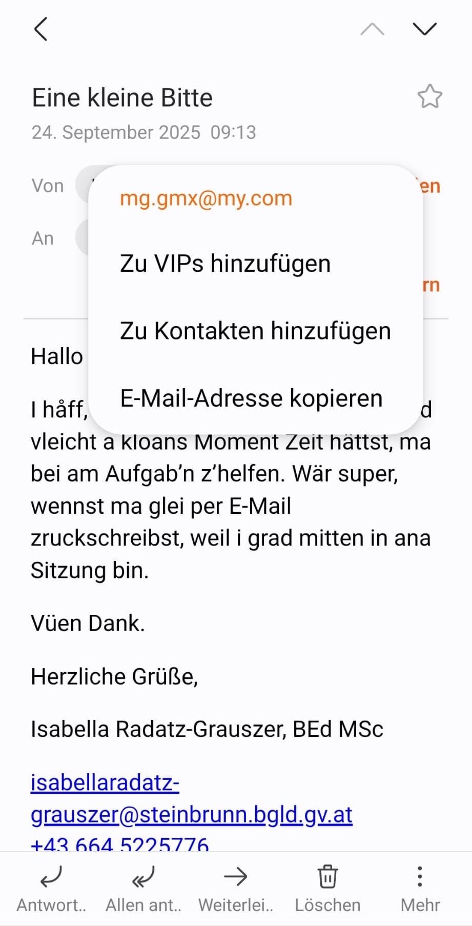 Eine Textnachricht auf einem Telefonbildschirm hat Optionen, VIPs hinzuzufügen, Kontakte hinzuzufügen und E-Mail-Adressen zu kopieren. Darunter befindet sich eine Nachricht von jemandem, der um Hilfe bei einer Aufgabe bittet. Sie drücken Dankbarkeit aus und senden herzliche Grüße.