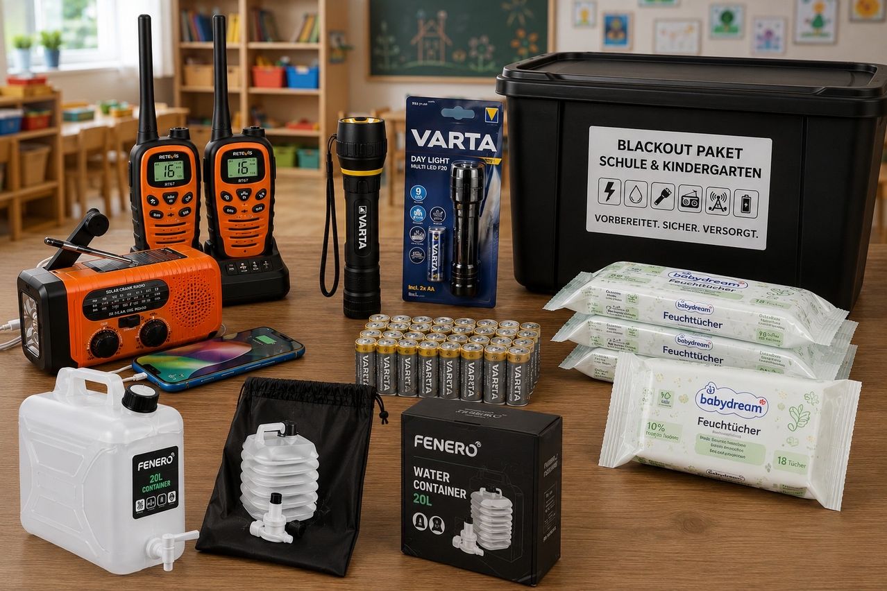 An assortment of emergency supplies are displayed on a table, including walkie-talkies, a flashlight, and batteries. A large black container labeled 'Blackout Paket' is also present.