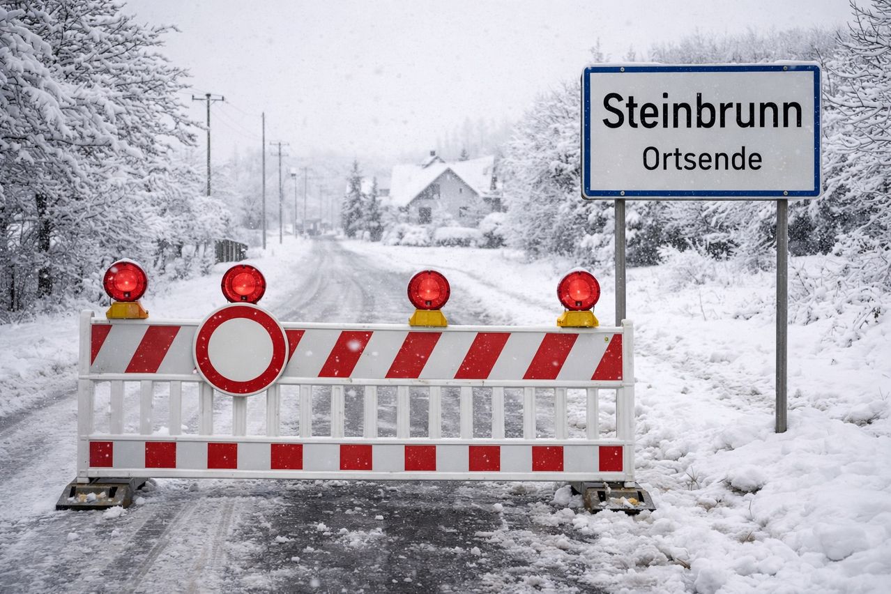 Eine verschneite Straße ist durch eine rot-weiße Absperrung mit roten Blitzlichtern blockiert. Ein blaues Schild mit weißen Texten steht für 'Steinbru' und 'Ortsend'. Im Hintergrund sind schneebedeckte Bäume und ein Haus zu sehen.