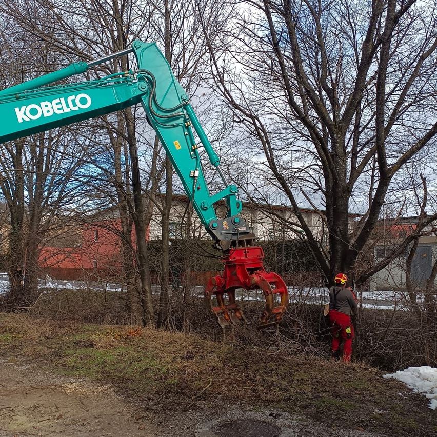 Ein grüner Kobelco-Bagger mit roter Anbauvorrichtung arbeitet in einem bewaldeten Gebiet. Eine Person in roter Schutzkleidung ist in der Nähe, möglicherweise zur Überwachung des Betriebs.