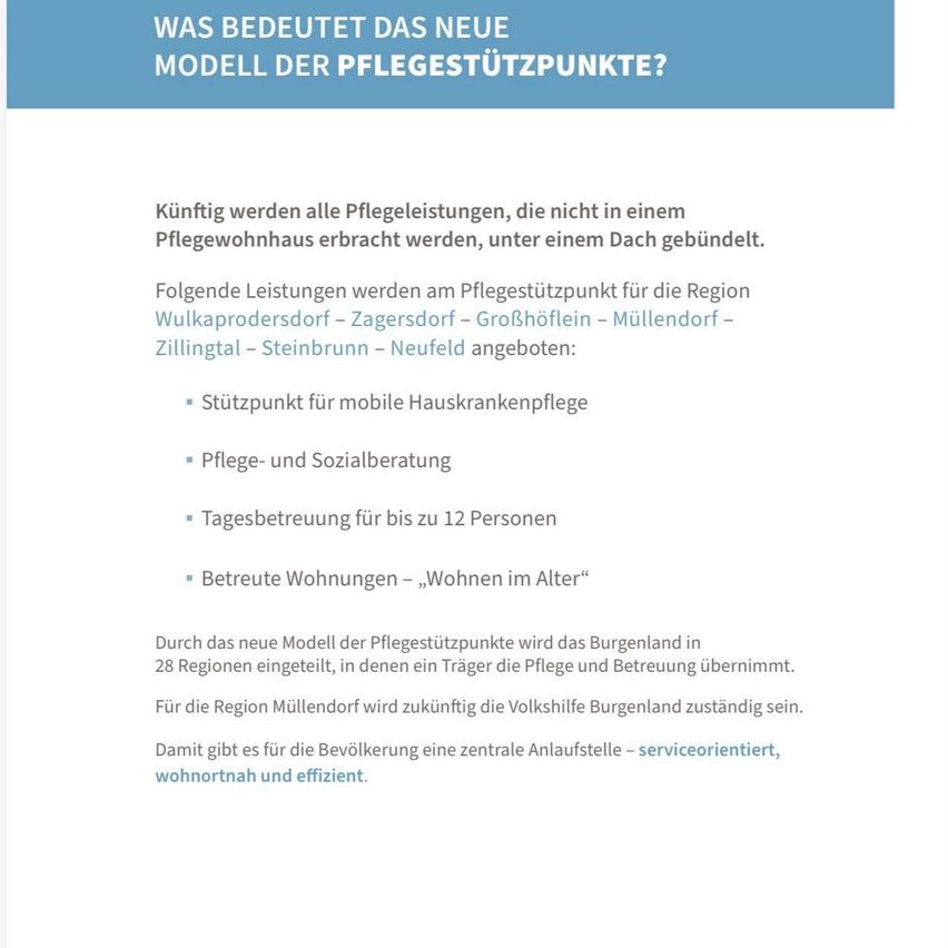 The image discusses the new model of care support points. It details that care services not provided in a care home will be bundled under one roof. The region of Wulkaprodersdorf will offer services like mobile home care, care and social counseling, and home care for up to 12 people.