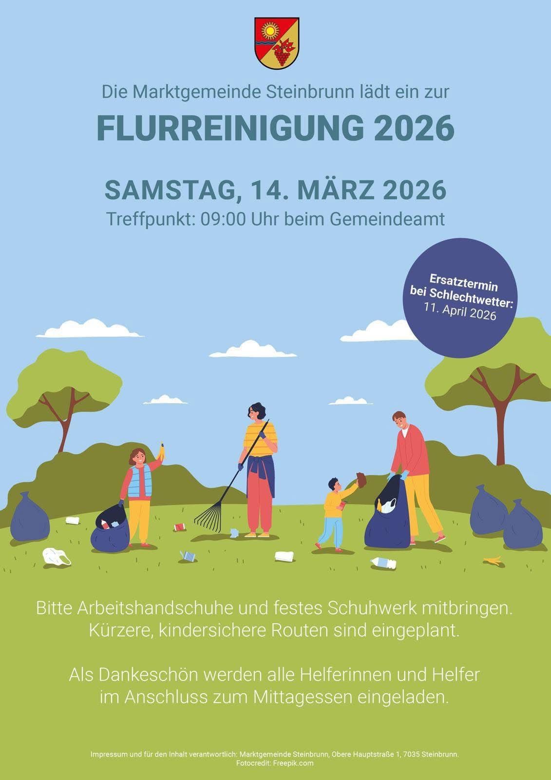 Plakat für die Flurreinigung 2026. Treffpunkt um 9:00 Uhr am Rathaus. Kurze, kinderfreundliche Routen geplant. Arbeitshandschuhe und festes Schuhwerk mitbringen.