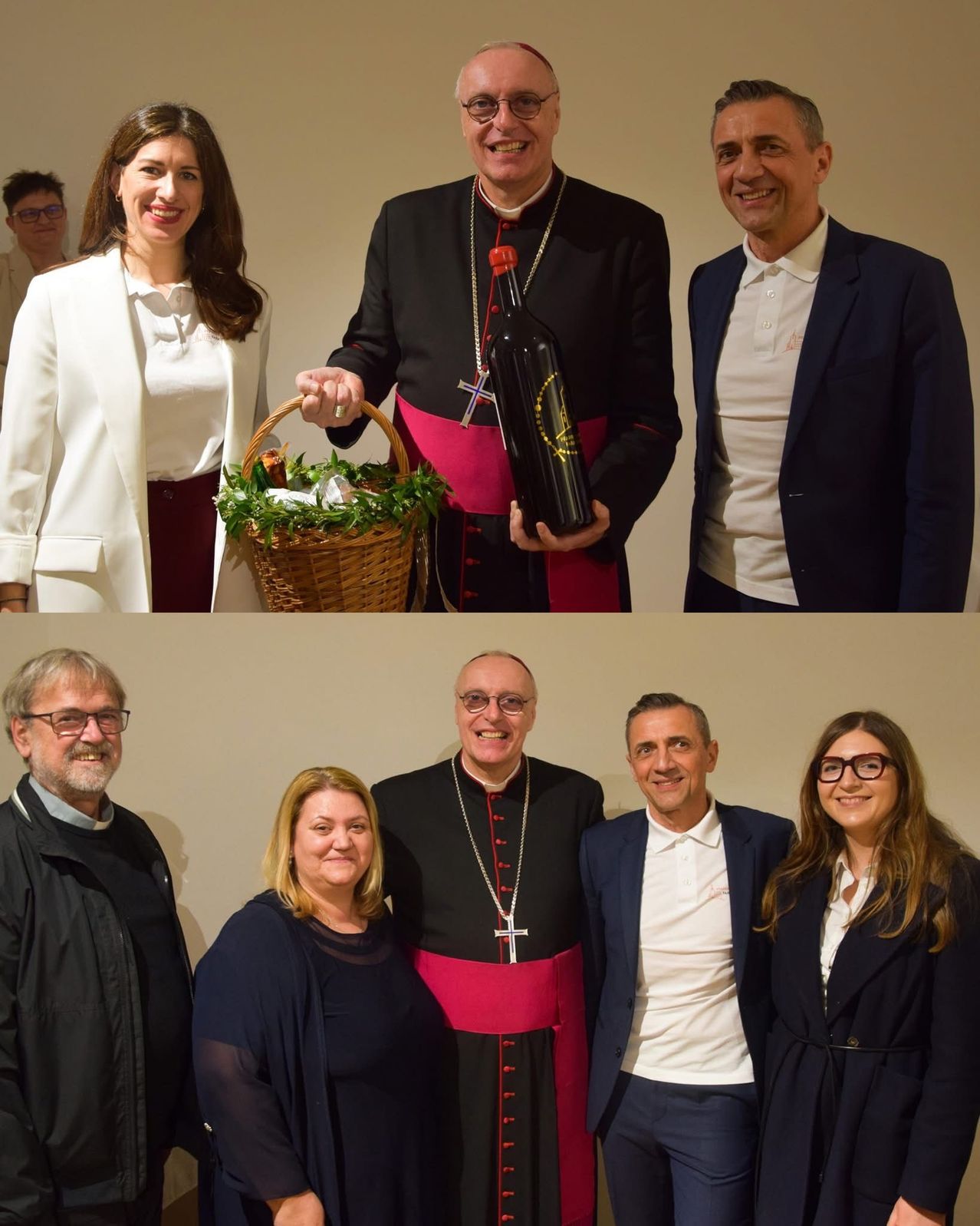 Gruppenfoto mit einer lächelnden Frau in einem weißen Blazer, einem Priester, der einen Korb und eine Flasche hält, und einem Mann in einem marineblauen Anzug. Ein weiteres Foto zeigt eine Gruppe mit zwei lächelnden Frauen, einem Priester und zwei Männern, alle in formeller Kleidung.