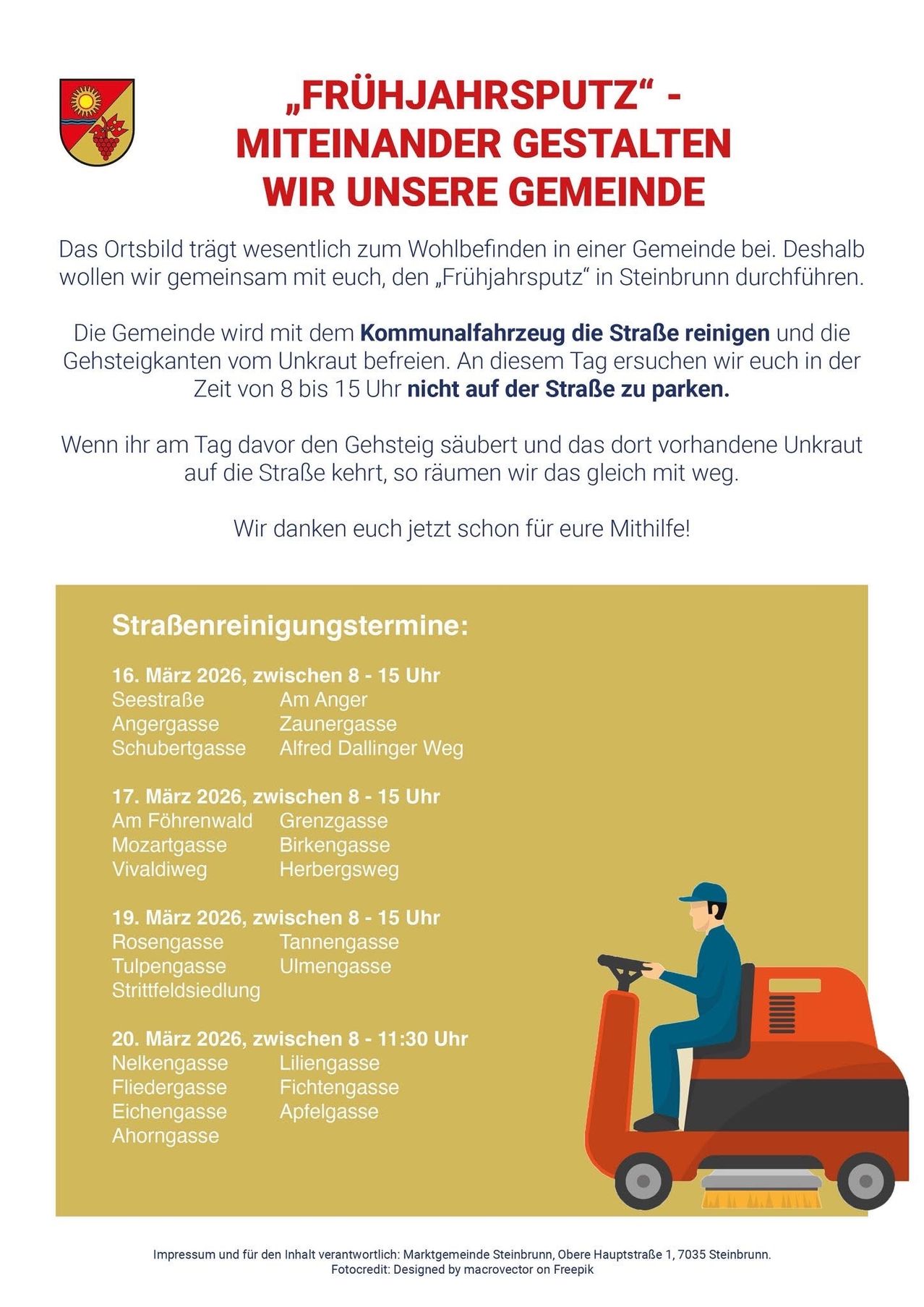 Plakat für eine gemeinschaftliche Straßenreinigungsveranstaltung. Geplant für den 16., 17., 19. und 20. März 2026. Anwohner sollen zwischen 8-15 Uhr nicht auf der Straße parken. Das Jäten von Straßenrändern wird ebenfalls empfohlen. Ein Maschinenfahrzeug ist abgebildet.