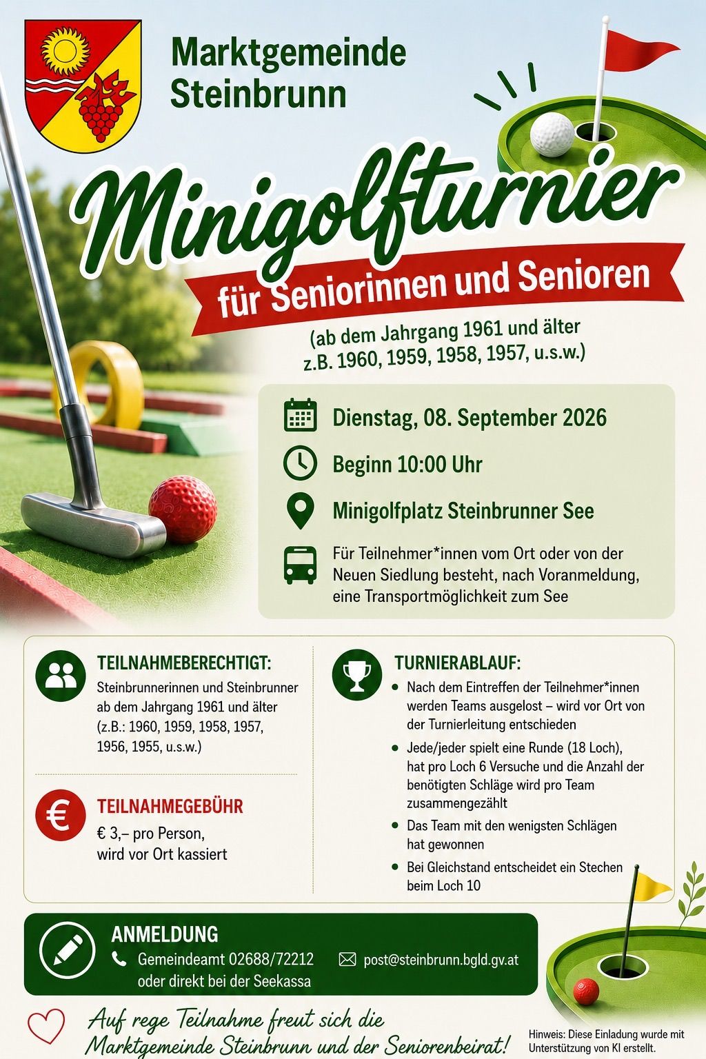 Poster for a mini-golf tournament for seniors, scheduled for Tuesday, September 8, 2026, at 10:00 AM at the Steinbrunner See mini-golf course. Participation is open to Steinbrunner residents and Steinbrunner born in 1961 and older. Entry fee is 3 euros per person.
