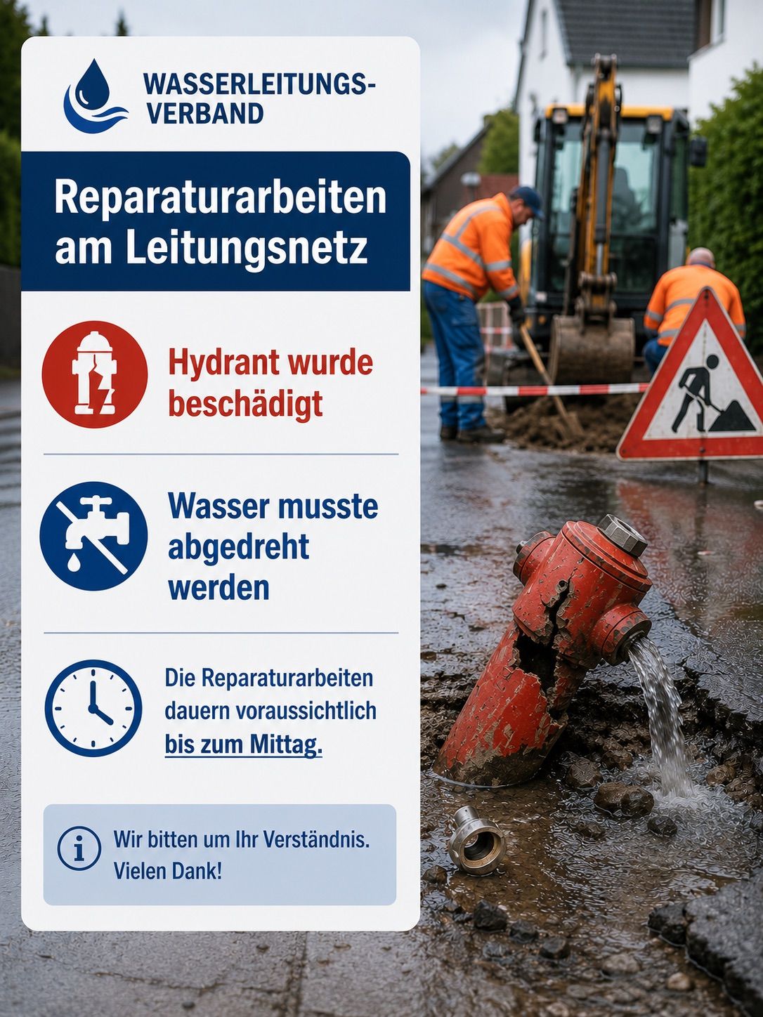 The image shows a sign with a warning about maintenance work on the water supply. It states that a hydrant has been damaged, water has been shut off, and the work is expected to last until noon. There is also a thank you note asking for understanding.