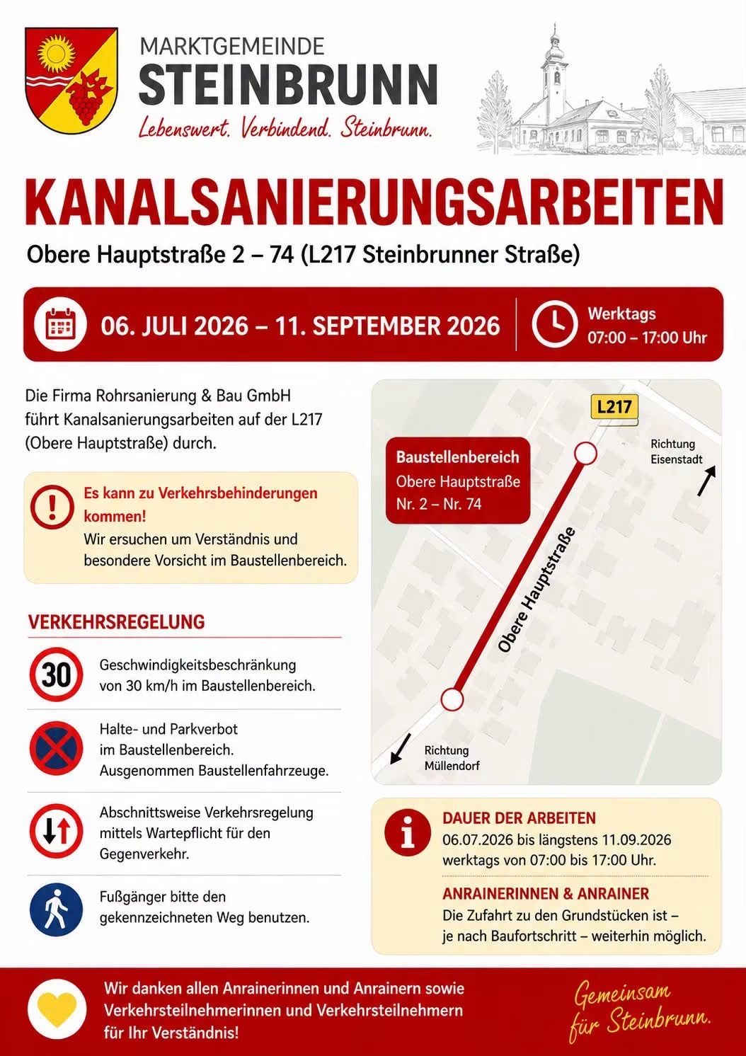 Kanal cleaning works on the L217 (Obere Hauptstraße) from July 6 to September 11, 2026, by Rohrsanierung & Bau GmbH. Speed limit of 30 km/h, halt and parking prohibited in the work area. Sectional traffic regulation with priority for oncoming traffic. Rohrsanierung & Bau GmbH requests understanding and caution.