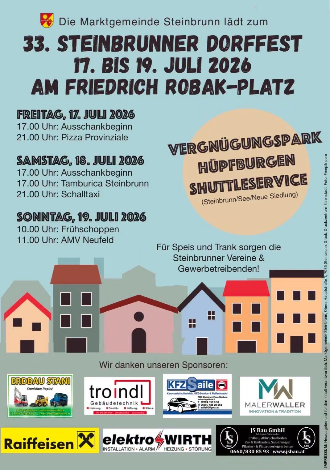 Event at Friedrich Robak Platz. Friday 17, Saturday 18, and Sunday 19 July 2026. Different activities and shuttle service details. Sponsors listed.