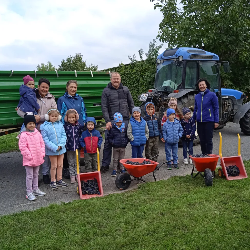 Eine Gruppe von Menschen, einschließlich Erwachsener und Kinder, steht vor einem Traktor und einem grünen Container, mit Schubkarren voller schwarzer Trauben auf dem Gras.