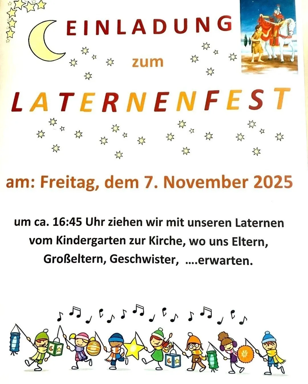 Plakat für Laternenumzug am Freitag, 7. November 2025. Kinder ziehen vom Kindergarten zur Kirche, Eltern und Geschwister warten.