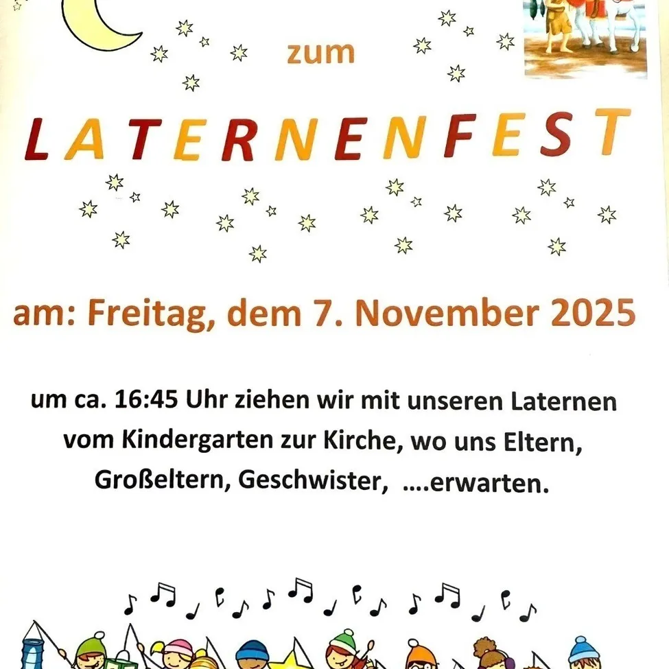 Plakat für Laternenumzug am Freitag, 7. November 2025. Kinder ziehen vom Kindergarten zur Kirche, Eltern und Geschwister warten.