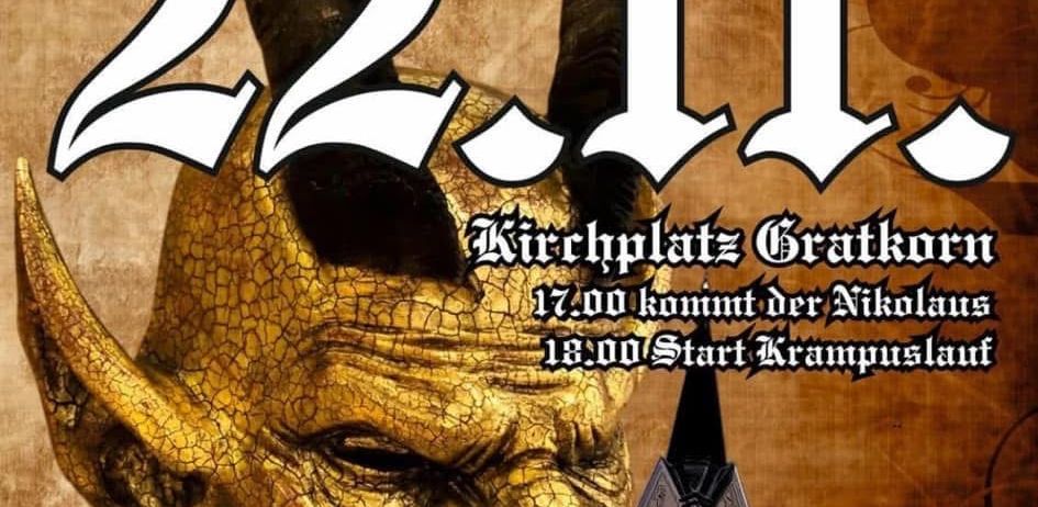 Plakat für die Gratkorn Krampuslauf-Veranstaltung. Es zeigt einen goldenen, gehörnten Dämon, einen Kirchturm und Details zu den Veranstaltungszeiten.