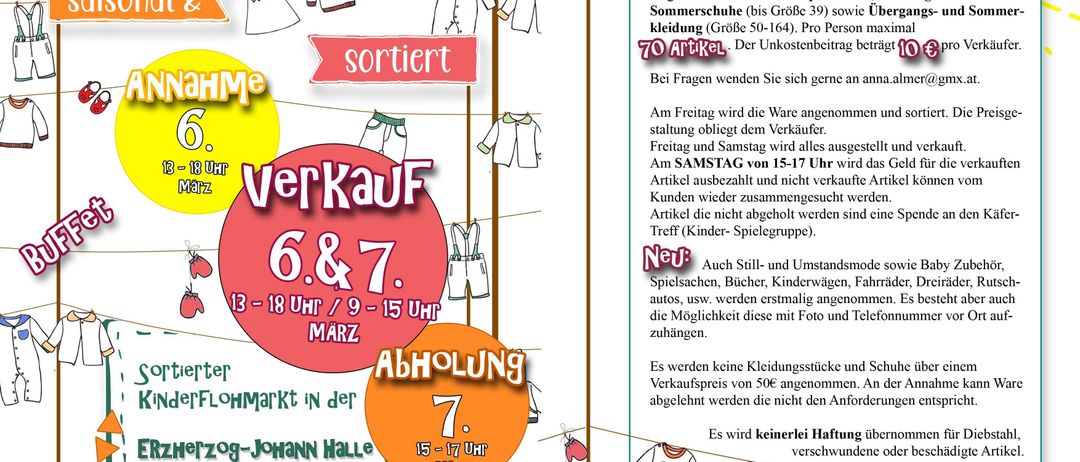 Ein Bild von einem Flyer für einen Kinderkleidermarkt, mit Angaben zu Datum, Uhrzeit und Orten für das Sortieren und Verkaufen von Artikeln. Die Veranstaltung umfasst Verkäufe an Freitag, Samstag und Sonntag, wobei am Freitag Kinderkleidung sortiert und am Samstag andere Artikel verkauft werden. Am Sonntag findet keine Kleidersammlung statt.