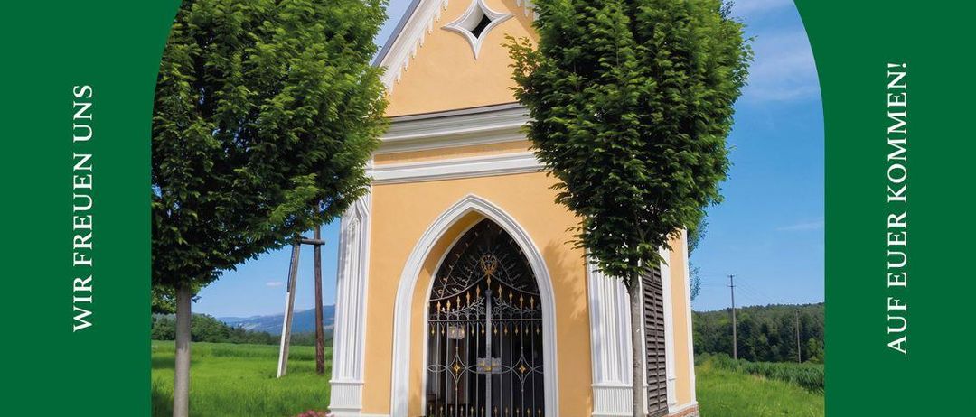 Plakat zum 150. Jahrestag von Kapelle Frauenhofen. Zeigt eine Kapelle mit schwarzem Tor und Blumen. Der Termin ist Samstag, 16. Mai, um 16 Uhr.