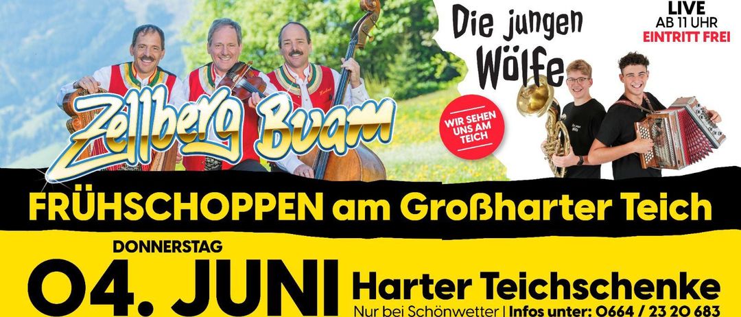 Plakat mit zwei Männern, die Instrumente spielen und lächeln, auf einem grünen Feld. Der Text lautet 'Wir sehen uns am Teich' und 'Hoppen am GroBhang Juni'. Die Veranstaltung findet nur bei schönem Wetter statt.