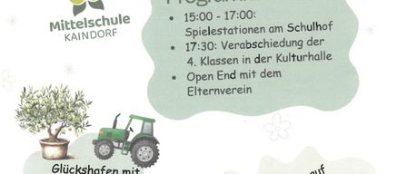 Der Mittelschulfest am Freitag, 3. Juli 2026. Programm: 15:00-17:00, Spielstationen am Schulhof. 17:30, Verabschiedung der 4. Klasse in der Kulturhalle. Wir freuen uns auf ein schönes Fest mit euch!