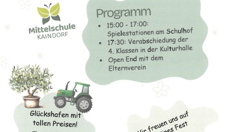 Der Mittelschulfest am Freitag, 3. Juli 2026. Programm: 15:00-17:00, Spielstationen am Schulhof. 17:30, Verabschiedung der 4. Klasse in der Kulturhalle. Wir freuen uns auf ein schönes Fest mit euch!
