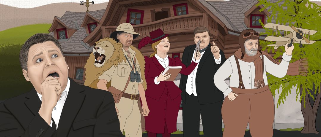 Eine Gruppe von Menschen in verschiedenen historischen Kostümen steht vor einem Haus. Einer von ihnen hält ein Buch und einen Stift, während ein anderer einen Löwen hält.
