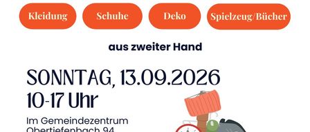 Plakat für Kramel Market, ein Markt für Second-Hand-Waren mit Kategorien wie Kleidung, Schuhe, Deko, Spielzeug und Bücher. Geplant für Sonntag, 13.09.2026, von 10 bis 17 Uhr im Gemeindezentrum Obertiefenbach 94.