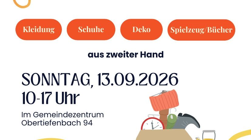 Plakat für Kramel Market, ein Markt für Second-Hand-Waren mit Kategorien wie Kleidung, Schuhe, Deko, Spielzeug und Bücher. Geplant für Sonntag, 13.09.2026, von 10 bis 17 Uhr im Gemeindezentrum Obertiefenbach 94.