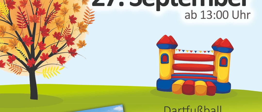 Plakat für das Herbstfest-Event im Gemeindezentrum Hartl am 27. September mit zwei Musikern, einem Sprungburg und Herbstblättern.