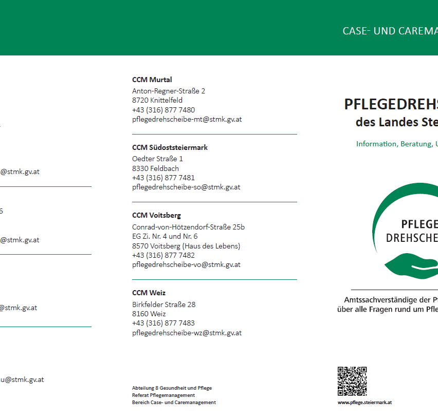 Ein Dokument von Case und Care Management von Steiermark, Österreich, listet Adressen und Telefonnummern für CCM-Standorte in verschiedenen Städten auf, einschließlich Murtal, Südoststeiermark, Voitsberg und Weiz. Jeder Standort bietet Beratung und Betreuung.