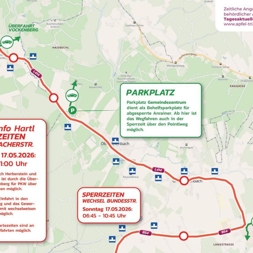 Eine Karte zeigt eine Route mit einem Parkplatz beim Gemeindezentrum für Fahrzeuge. Am 17.05.2026, um 13:00 Uhr, ist eine Fahrt durch Herbsteim und über Berg für PKW möglich. Die Einfahrt in das Gebiet ist mit einem Genehmigungsschein möglich. Die Karte zeigt spezifische Zeiten und Routen an.