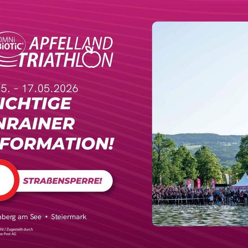 Plakat für den Apfelland Triathlon in Österreich am 5.-17. Mai 2026. Zeigt eine malerische Ansicht eines Sees mit Bergen und einer Menschenmenge.