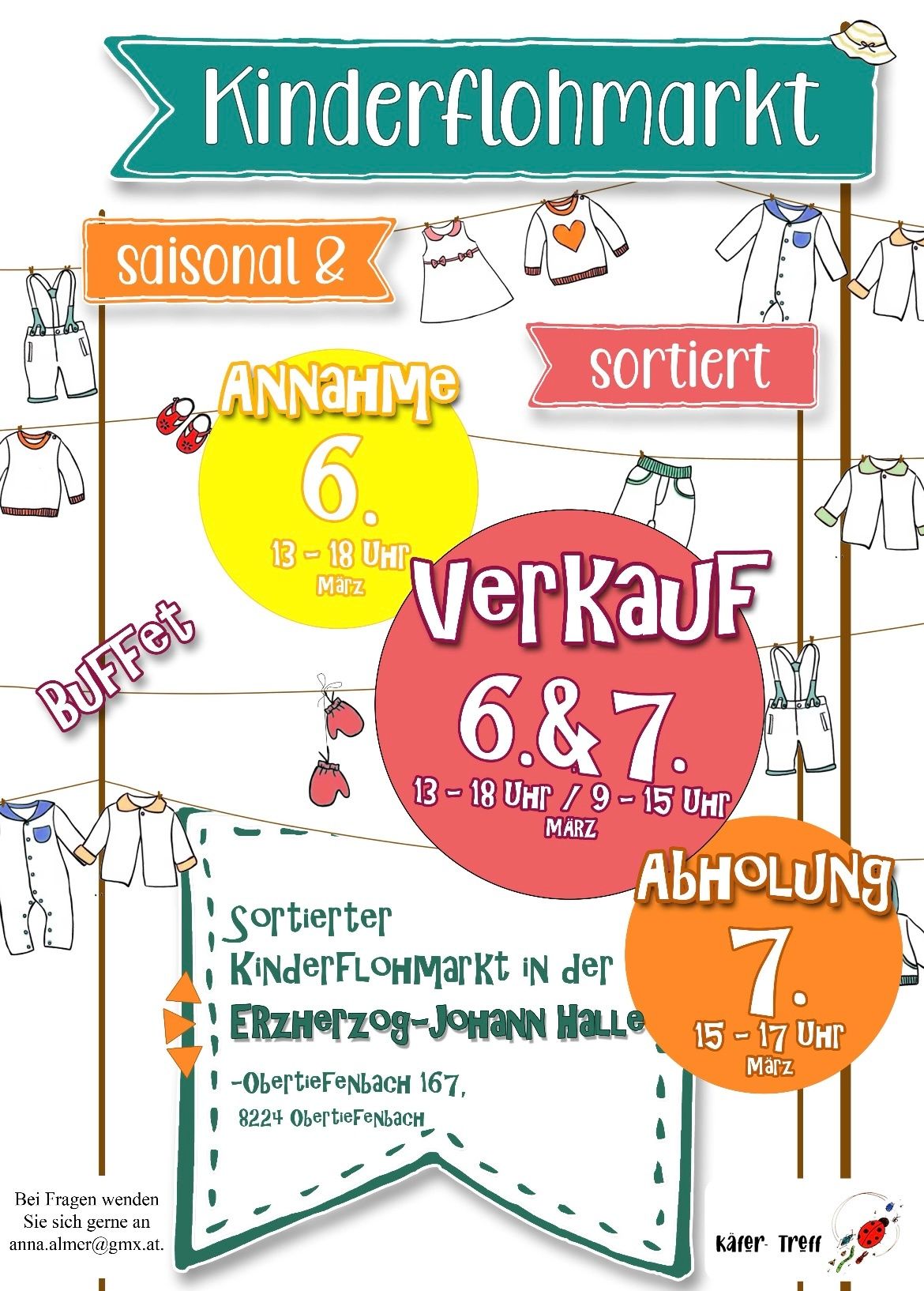 Plakat zur Versteigerung von Kinderbekleidung, einschließlich saisonaler und sortierter Artikel. Der Verkauf läuft vom 6. bis 7. März, mit Abholung am 7. März. Die Zeiten sind 13-18, 9-15 und 15-17 Uhr.