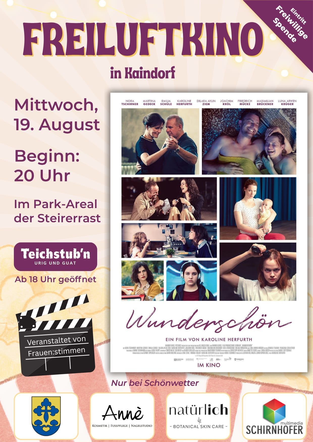 Poster für den Film 'Wunderschön' mit verschiedenen Szenen mit Schauspielern, einem Klapsbrett und dem Titel des Films. Die Veranstaltung ist für den 19. August geplant, Beginn um 20 Uhr.