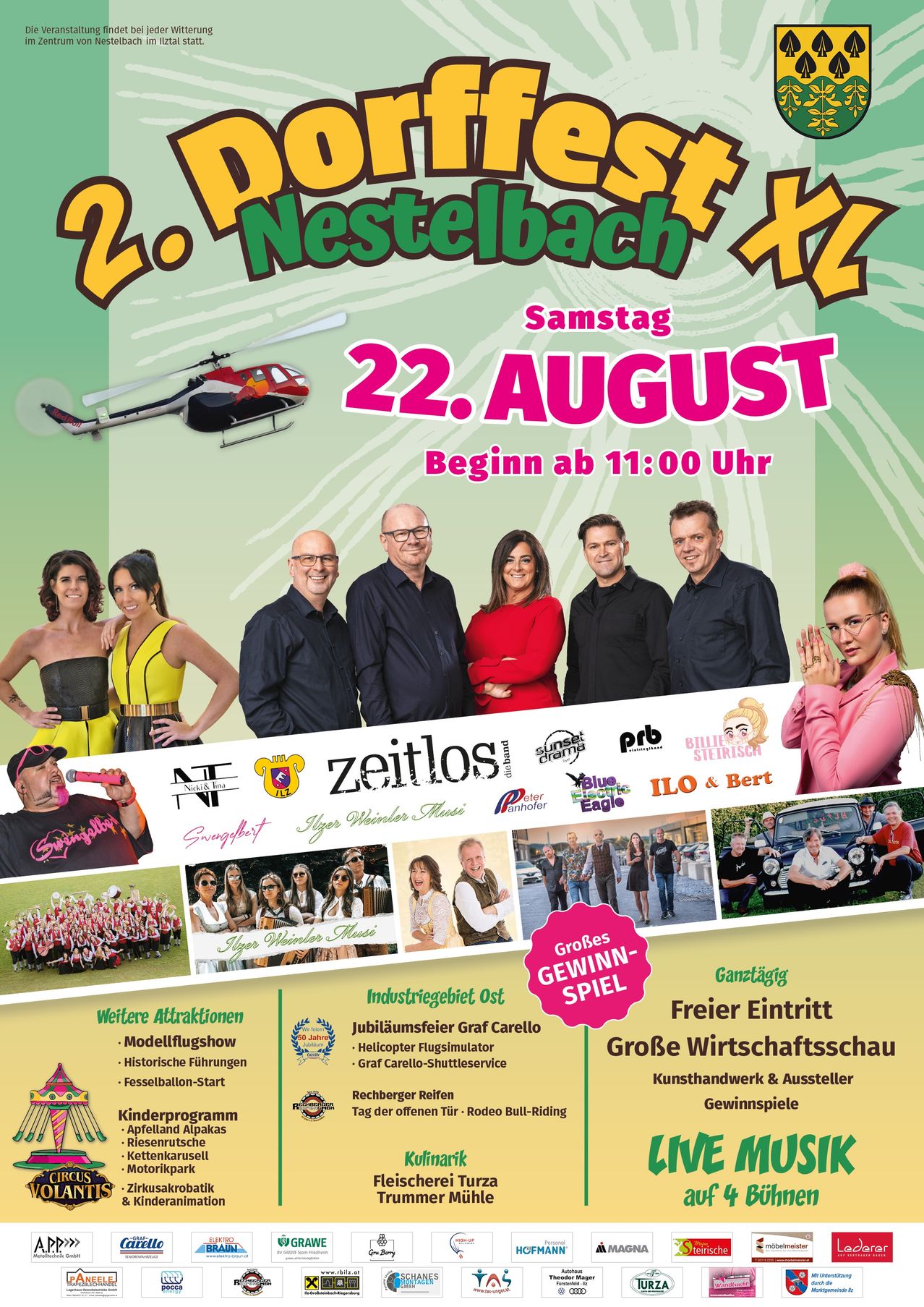 Plakat für die 2. Nestelbbach XL Veranstaltung am 22. August mit einer Gruppe von Menschen, einem Hubschrauber und verschiedenen Attraktionen.