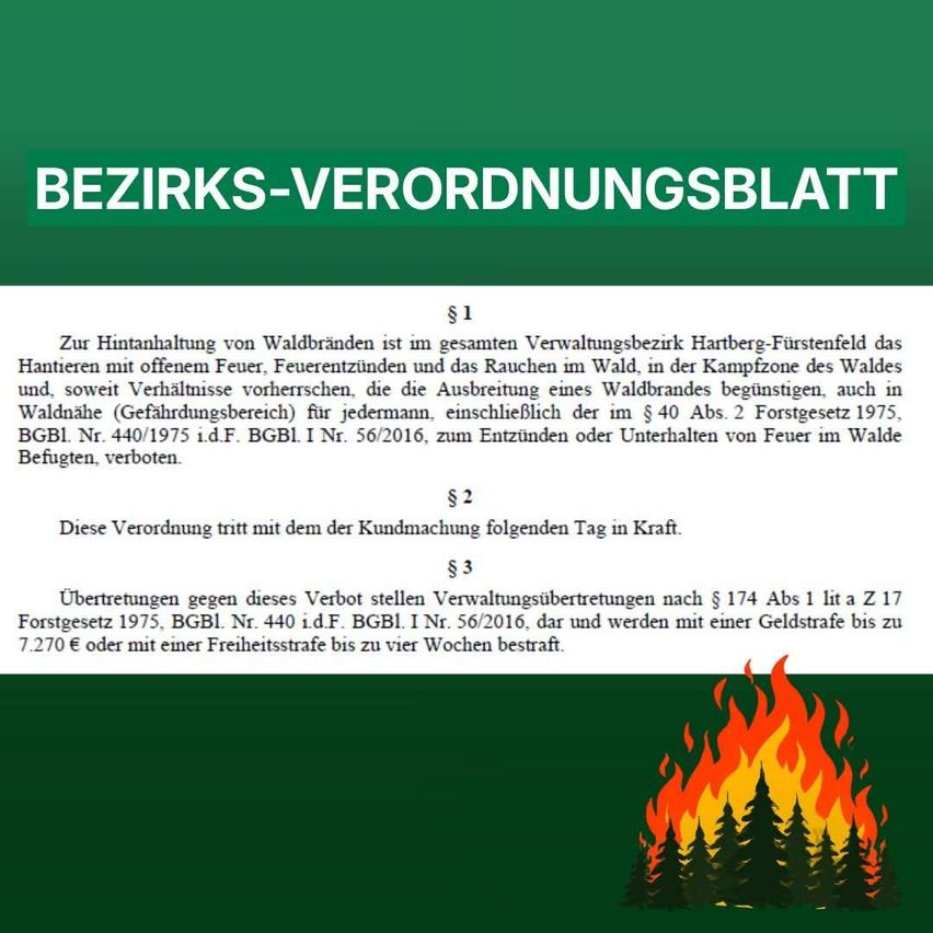 Ein Bezirks-Verordnungsblatt mit einer Feuerillustration, das Regeln gegen offenes Feuer, Feuerwerk und Rauchen im Wald sowie Strafen für Verstöße beschreibt.