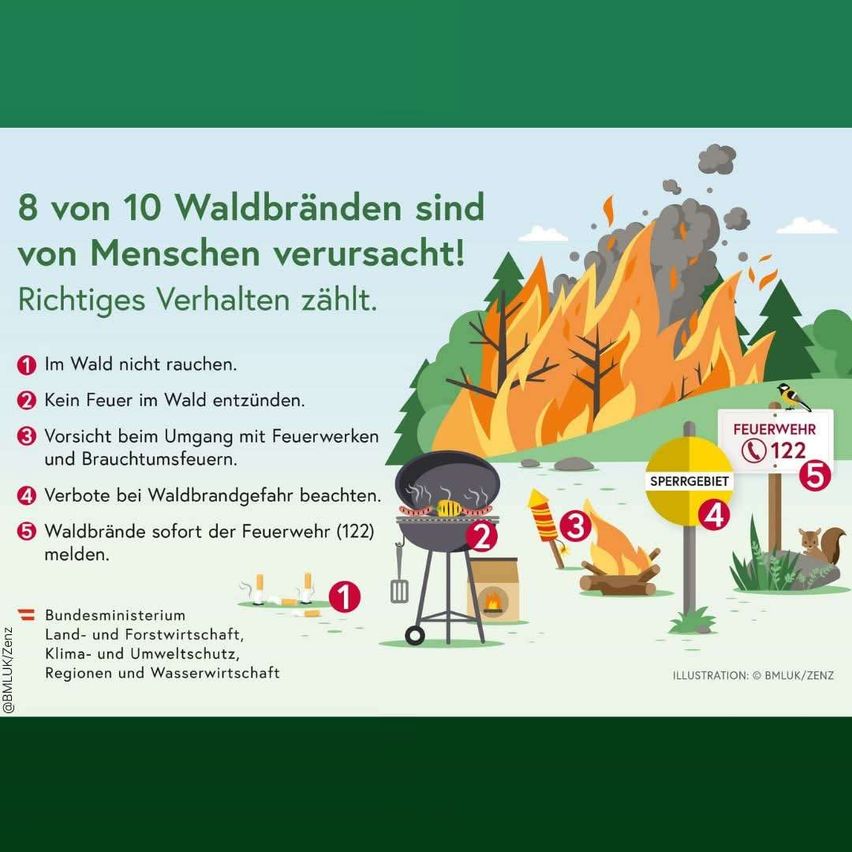 Infografik zeigt, dass acht von zehn Waldbränden durch Menschen verursacht werden. Es listet fünf Sicherheitstipps auf, einschließlich Nichtrauchen im Wald, Vermeidung von Lagerfeuern, Vorsicht beim Umgang mit Feuerwerk und Grill, Beachten von Waldbrandverboten und Meldung von Bränden bei der Feuerwehr.