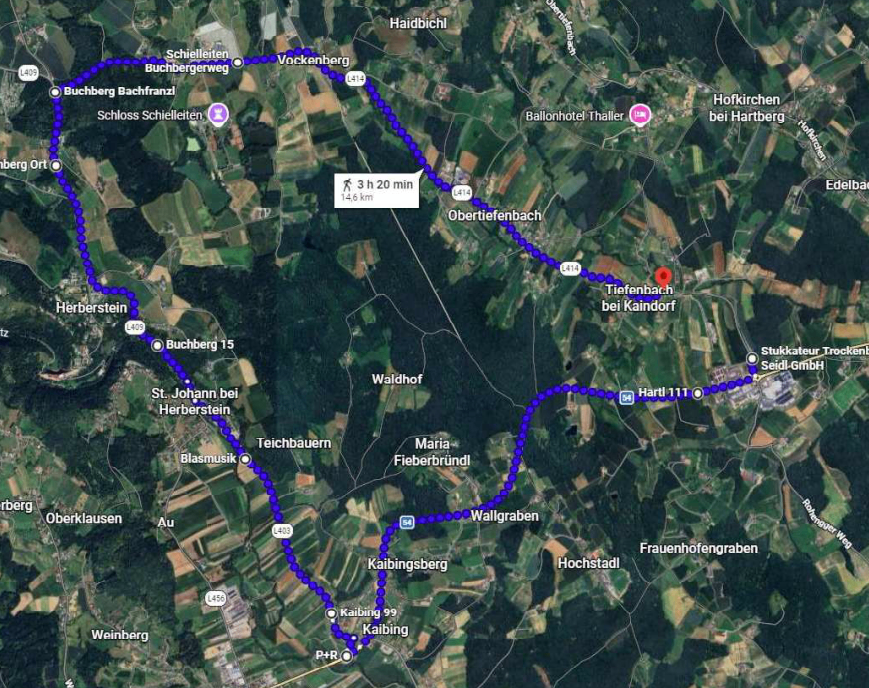 Eine Karte, die eine Wanderroute von Buchberg Bachfranz nach Hartl zeigt, mit einer Entfernung von 14,6 km und einer geschätzten Zeit von 3 Stunden und 20 Minuten.