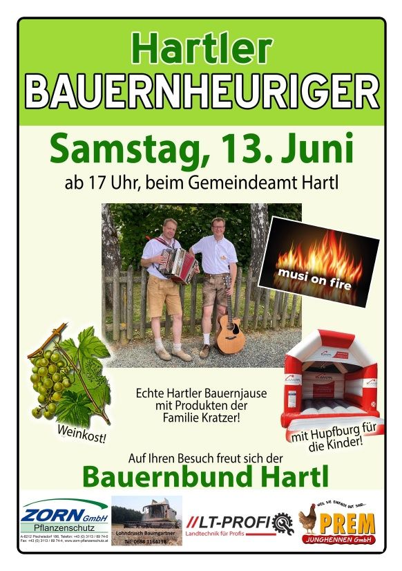 Hartler Bauernheuriger event on Saturday, June 13th at 5 PM at the Gemeindeamt Hartl. Genuine Hartler farmhouse with products from the Kratzer family. With a bouncy castle for children.