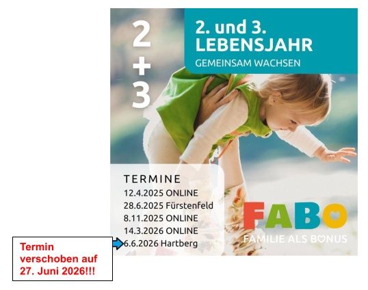 Plakat für Familienwachstums-Event mit Terminen und Orten. Zeigt ein Kind mit einem grünen Vest. Die Termine sind 12.4.2025 online, 28.6.2025 in Fürstenfeld, 8.11.2025 online, 14.3.2026 online und 6.6.2026 in Hartberg.