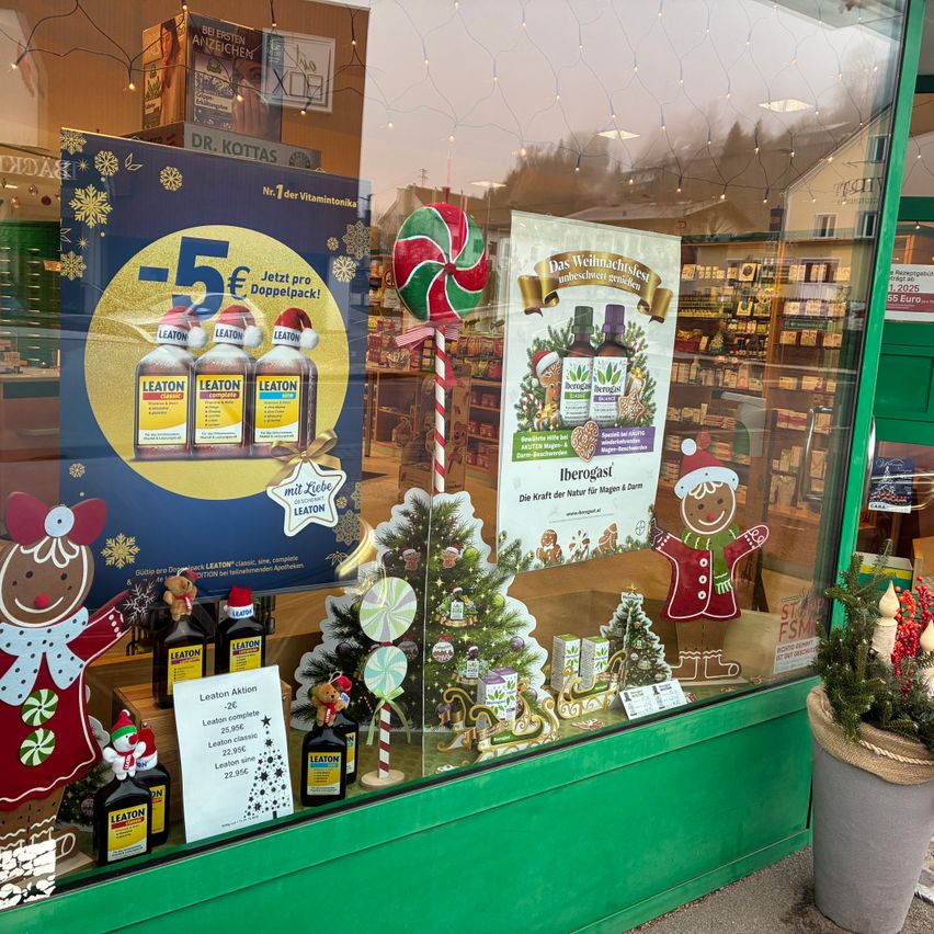 Ein Schaufenster zeigt Feiertagsdekorationen, darunter eine Lebkuchenfigur, Weihnachtsbäume und eine Zuckerstange. Es gibt Werbeplakate für einen 5€-Rabatt auf Vitamin-Tonics und eine Feiertagsgeschenkaktion.
