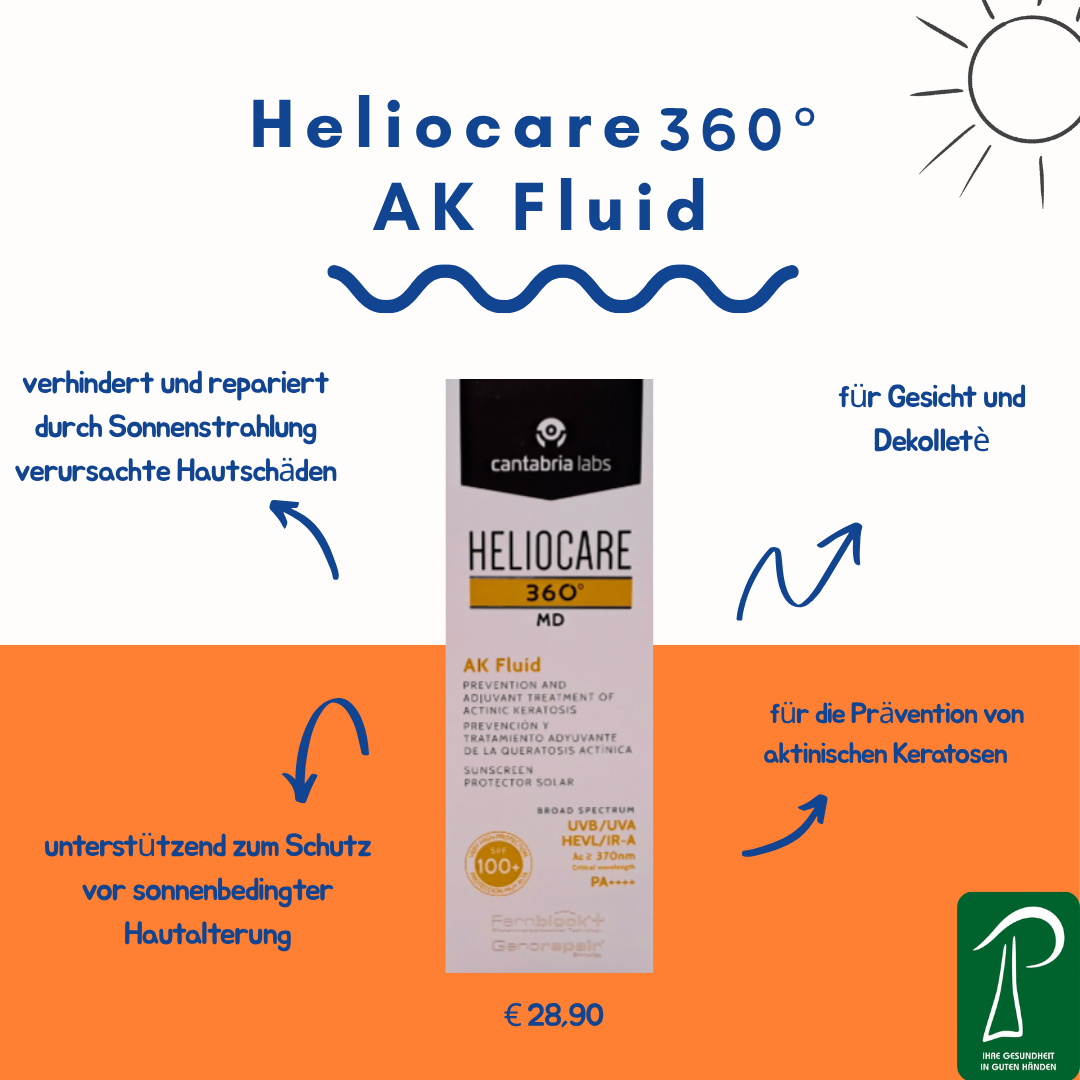 Die Werbung für Heliocare 360 AK Fluid zeigt, dass das Produkt Hautschäden durch Sonneneinstrahlung vorbeugt und repariert und betont seine Verwendung für Gesicht und Dekolleté. Der Preis des Produkts beträgt 28,90 Euro.