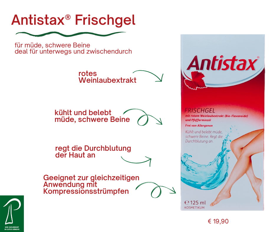 Antistax Frischgel ist für müde, schwere Beine. Es kühlt und belebt müde, schwere Beine und verbessert die Durchblutung. Es kann gleichzeitig mit Kompressionsstrümpfen verwendet werden. Enthält roten Weinextrakt und Pfefferminzöl. Preis: 19,90€.