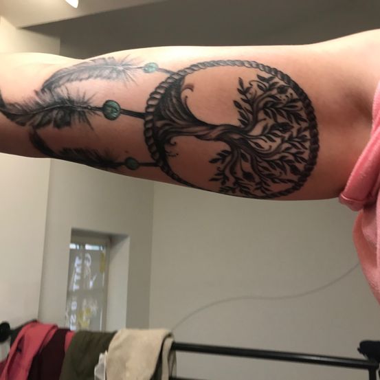 Ein Tattoo am Arm eines Menschen zeigt einen Traumfänger mit Federn und einen Baum des Lebens. Das Tattoo befindet sich auf weißem Hintergrund.