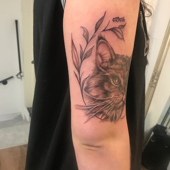 Nahaufnahme eines Katzengesicht-Tattoos mit Blättern, datiert 01/09/16, am Unterarm einer Person.