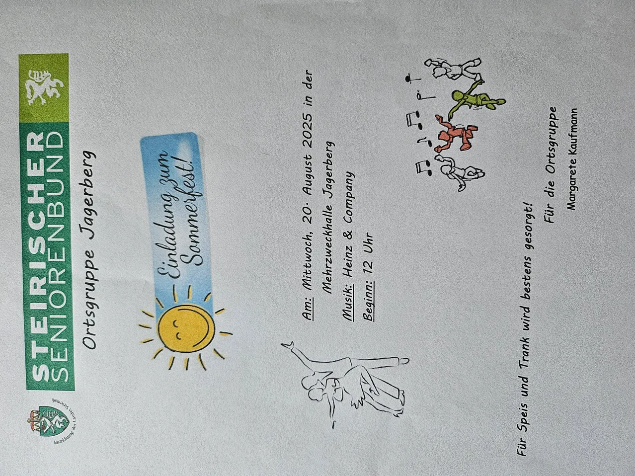 Ein Flyer für eine Veranstaltung in Ortesgruppe Jagerberg. Es zeigt eine Sonnenillustration, das Datum 20. August 2025 und erwähnt die Mehrzweckhalle Jagerberg. Es enthält auch Comicfiguren und Text in Deutsch.