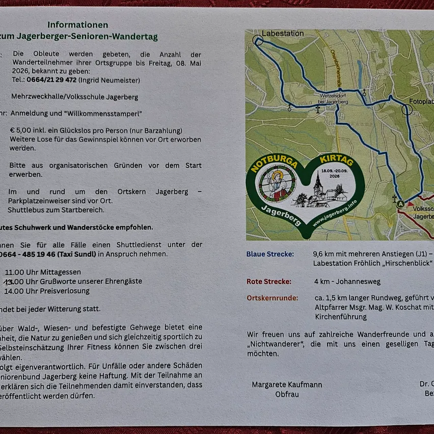 Die Seniorenwanderung in Jagerberg umfasst einen Shuttleservice und Schuhpflege. Die Teilnehmer müssen sich bis Freitag, 8. Mai 2026, anmelden. Eine Karte zeigt die Route, die einen längeren Rundweg und das Ende bei der Kirche umfasst. Die Veranstaltung beinhaltet Mittagessen, Verpflegung und Dessert. Die Anmeldung erfolgt an der Jagerberg-Schule.