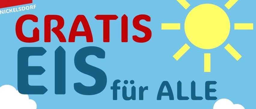 Ein Eis-Poster für alle Kinder. Kostenloses Eis am 28. August 2025, am Generationenspielplatz Ahorngasse, ab 15:30 Uhr. Solange der Vorrat reicht.